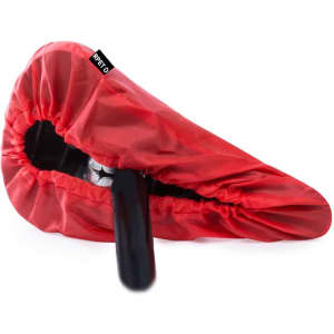 A red saddle cover with a black handle, designed for outdoor protection, featuring a logo.