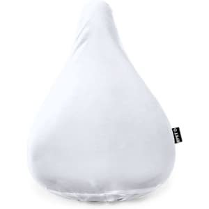 A white saddle cover with a smooth shape, featuring a logo tag on the side.