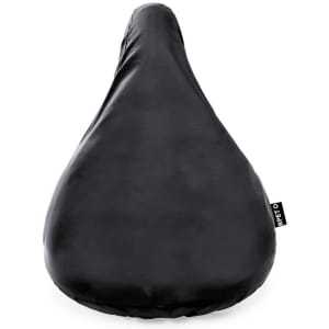 A black saddle cover with a smooth finish, featuring a side tag and a streamlined shape.