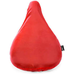 A red saddle cover with a smooth finish, featuring a small logo on the side.