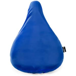 A blue saddle cover with a smooth surface and a tag, designed for outdoor leisure activities.