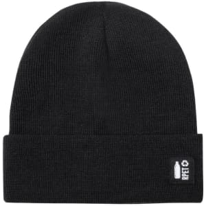 A black beanie with a folded cuff and a small logo on the side.