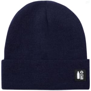A navy blue beanie with a folded cuff and a small logo on the side.
