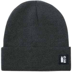 A dark grey beanie hat with a folded cuff and a small logo on the side.