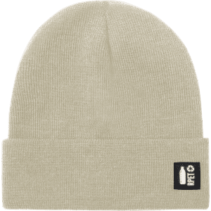 A beige knitted beanie with a folded cuff and a branding label on the side.
