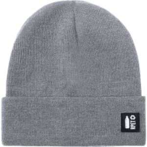 A grey beanie with a fold-up cuff and a small logo on the side.