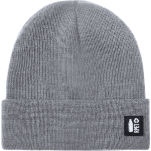 A grey beanie with a folded cuff and a logo on the side.
