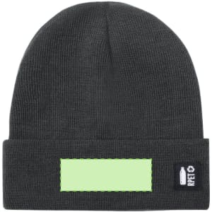 A grey beanie made from recycled materials with a folded cuff and a logo on the side.