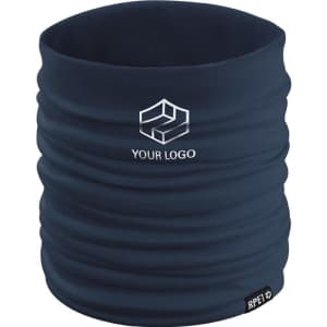 A navy Suanix neck warmer featuring a logo and a textured, stretchy design for comfort.