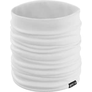 A white neck warmer with a textured design and a small logo tag at the base.
