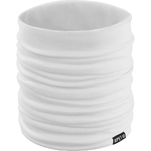 A white neck warmer with a textured design and a small logo label at the bottom.