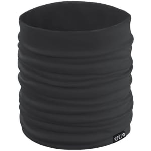 A black neck warmer with a stretchy design, featuring a small logo at the base. Ideal for cold weather.