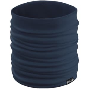 A navy blue neck warmer with a gathered design and a small branding label on the side.