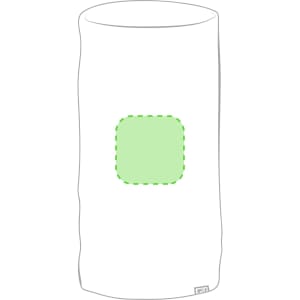 A white Suanix neck warmer with a green square design in the centre, featuring a logo at the bottom.