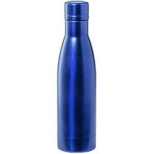 A drink bottle in a shiny blue finish, featuring a sleek, contoured design and a lid. It has a logo on the surface.