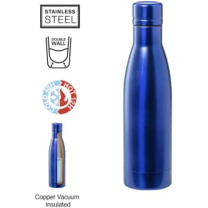 A drink bottle in a vibrant blue finish, made of stainless steel with a double wall and a copper vacuum insulation.