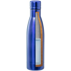 A drink bottle in a vibrant blue colour, featuring a sleek design with a clear window and a logo.