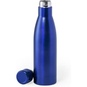 A drink bottle with a sleek blue finish and a silver screw-on lid, featuring a logo on its surface.