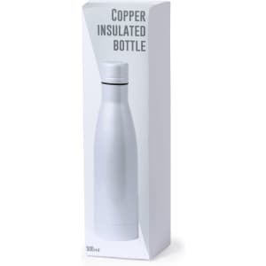 A drink bottle in a sleek silver finish, presented in a white box with a logo. The bottle is 500 ml and insulated.