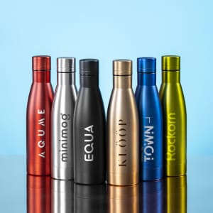 A drink bottle collection in various metallic colours: red, silver, black, gold, blue, and green. Each has a logo.