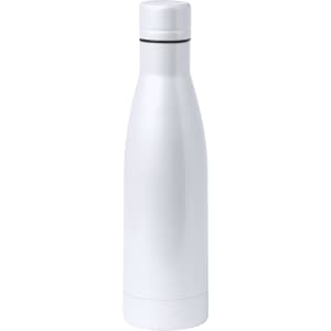 A drink bottle in a sleek white finish with a logo, designed for insulation and durability.