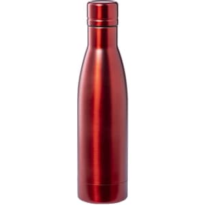 A drink bottle in a shiny red finish, featuring a sleek, insulated design and a small logo at the top.