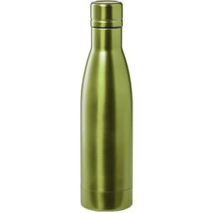 A drink bottle with a sleek, slim design in a bright green colour. The bottle features a logo.