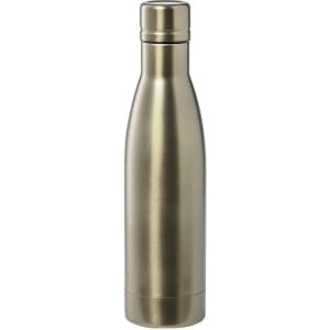 A drink bottle in a sleek, metallic bronze finish with an insulated design and a secure screw top. It features a logo.