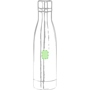 A drink bottle with a sleek design, featuring a silver finish and a green logo. It's an insulated thermos for beverages.