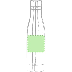 A drink bottle in a sleek stainless steel design with a green label area and a logo at the base.