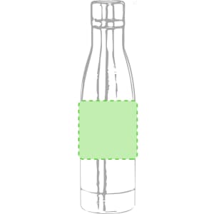 A drink bottle in a sleek design, featuring a light green band and a logo. It is insulated for temperature retention.
