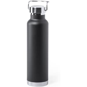 A drink bottle in matte black with a silver base and a metal handle, featuring a logo.