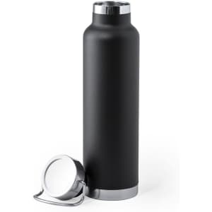 A drink bottle with a sleek black finish and a silver base, accompanied by a removable cap.
