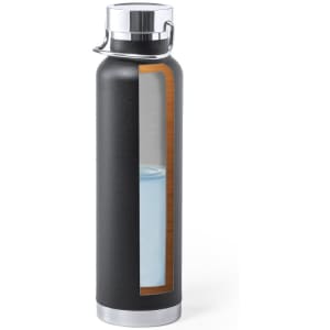 A drink bottle in black with a wooden accent and a clear insert, showcasing its contents. It features a metal lid and a logo.