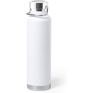 A drink bottle in white with a stainless steel base and a stylish silver lid, featuring a logo.