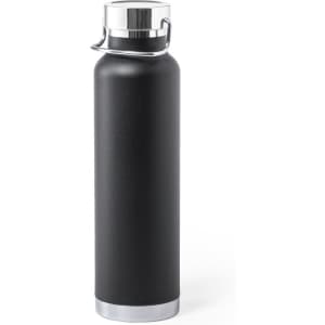A drink bottle in matte black with a stainless steel base and a metal lid featuring a handle.