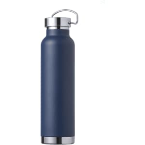 A drink bottle in a matte navy finish with a silver metal cap and handle. It features a sleek, insulated design.