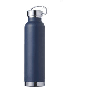 A drink bottle in navy blue with a silver lid and a handle, featuring a sleek, insulated design.