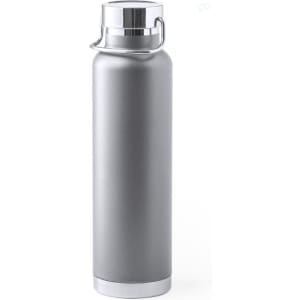 A drink bottle in sleek silver with a metallic finish and a secure lid. It features a logo on the side.