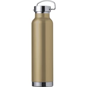 A drink bottle in a gold hue with a stainless steel lid and a handle. Features a logo on the body.