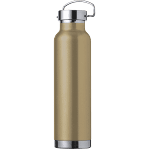 A drink bottle in a metallic gold finish with a silver cap and a handle for easy carrying.