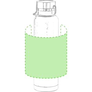 A drink bottle with a sleek design, featuring a removable green sleeve and a secure lid, showcasing a branding logo.