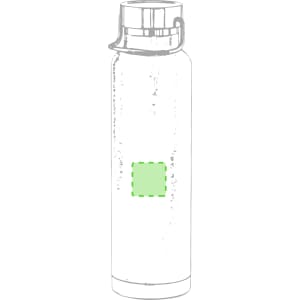 A drink bottle in silver with a green accent and a logo. It features a screw-top lid and an insulated design.