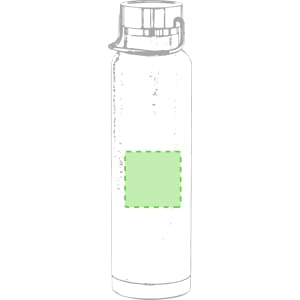 A drink bottle with a stainless steel body, featuring a green accent area and a lid. It has a branding logo.