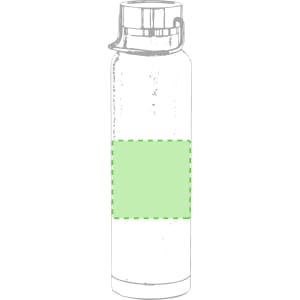 A drink bottle in stainless steel with a clear lid, featuring a blank green section for custom branding.