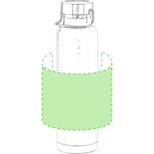 A drink bottle with a grey body and a green sleeve, featuring a lid and an integrated handle design. It has a logo.