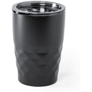 A drink bottle in matte black finish with a diamond pattern and a transparent lid, featuring a logo.