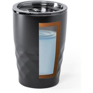 A drink bottle in black with a textured design and a clear viewing window, featuring a stylish lid.