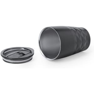 A drink bottle with a textured black exterior and silver rim, accompanied by a black lid.