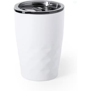 A drink bottle in white with a textured design and a clear plastic lid featuring a black rim. It has a logo.